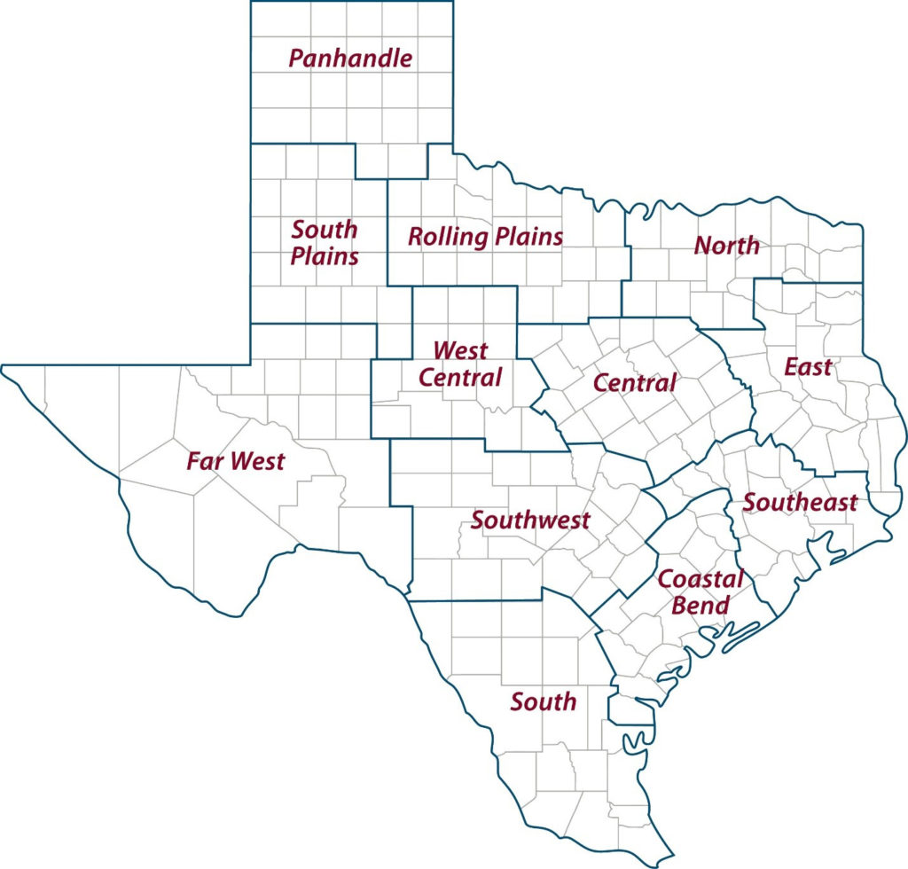 A map of Texas showing the 12 Texas A&M AgriLife Extension Service districts.